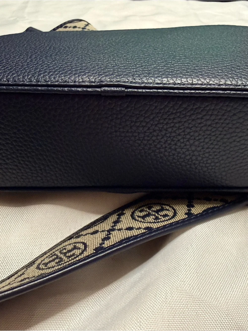 Tory Burch Navy Leather Camera Crossbody with Patterned Logo Strap